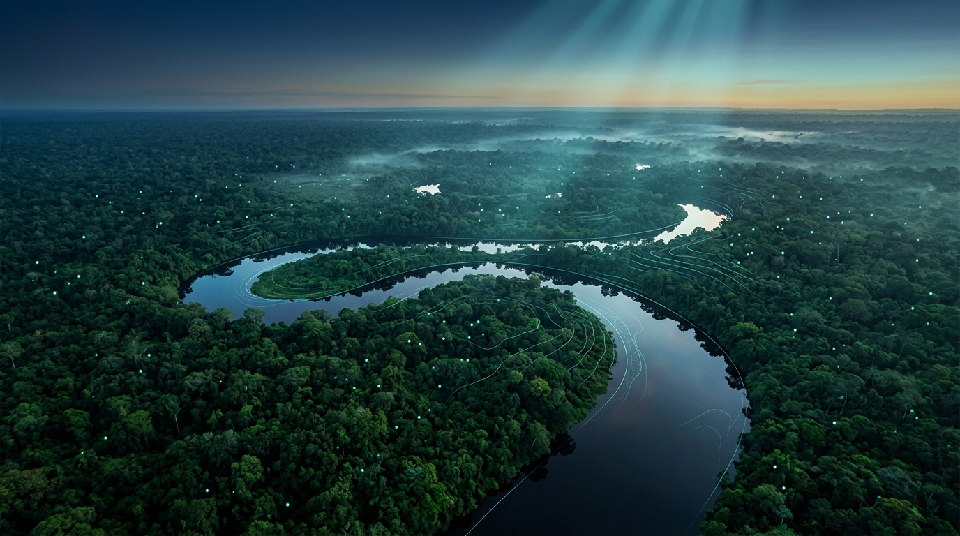 Amazônia em visão aérea ao entardecer com sobreposição digital sutil